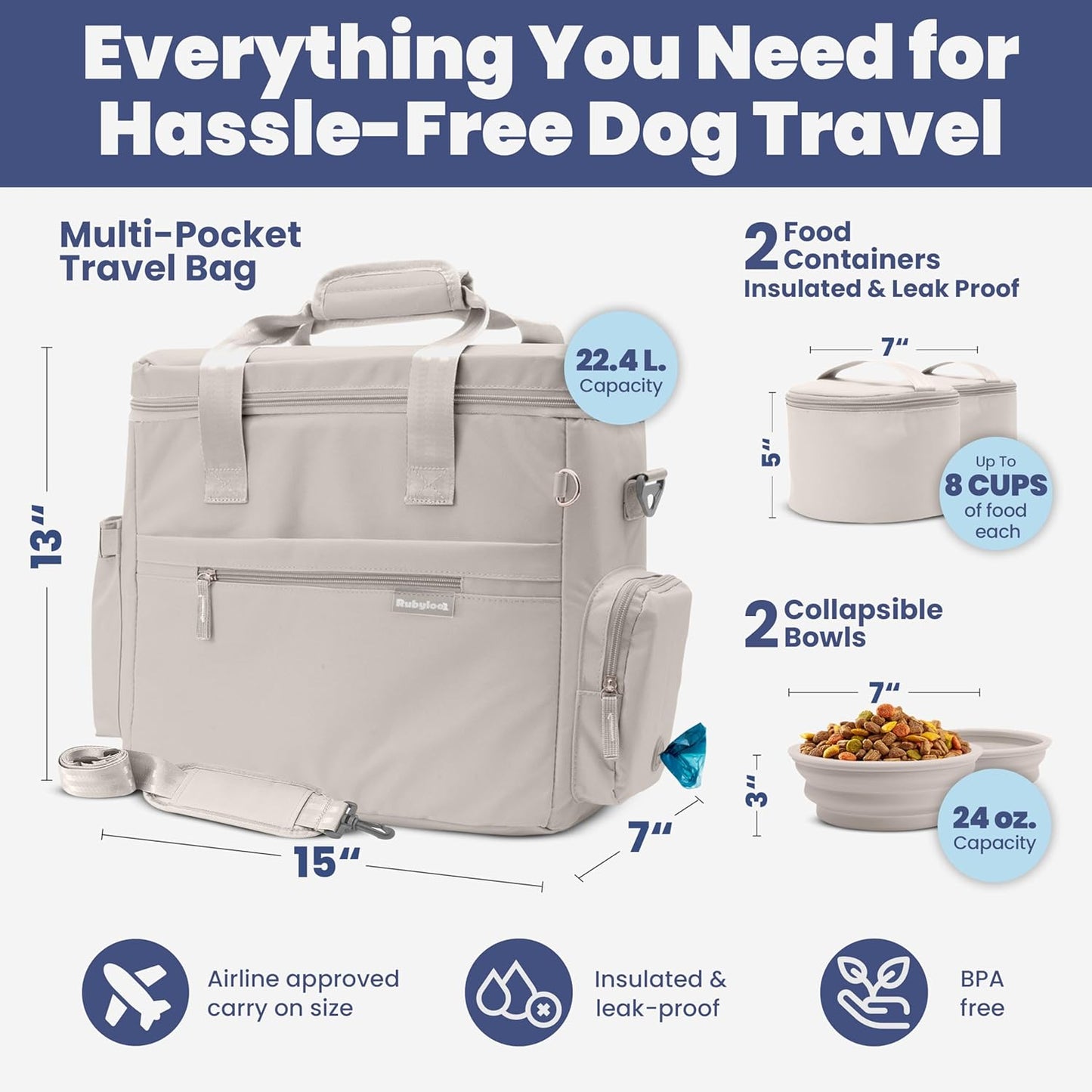 The Original Doggy Bag™- Dog Travel Bag for Supplies - Ultimate Gift for Dog Moms & Dads, Doggy Lovers & Pet Owners for Christmas- Includes 2 BPA-Free Travel Bowls and 2 Food Containers: Beige
