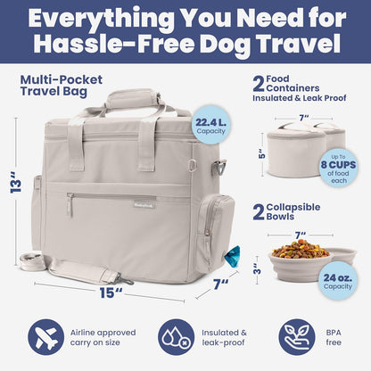 The Original Doggy Bag™- Dog Travel Bag for Supplies - Ultimate Gift for Dog Moms & Dads, Doggy Lovers & Pet Owners for Christmas- Includes 2 BPA-Free Travel Bowls and 2 Food Containers: Beige