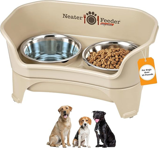 Neater Feeder Express Mess Proof Dog Bowls Elevated for Medium to Large Sized Breed, No Spill Raised Dog Food Bowl Stand, Stainless Steel Food and Water Bowl Set, Pet Dish Feeding Station, Almond