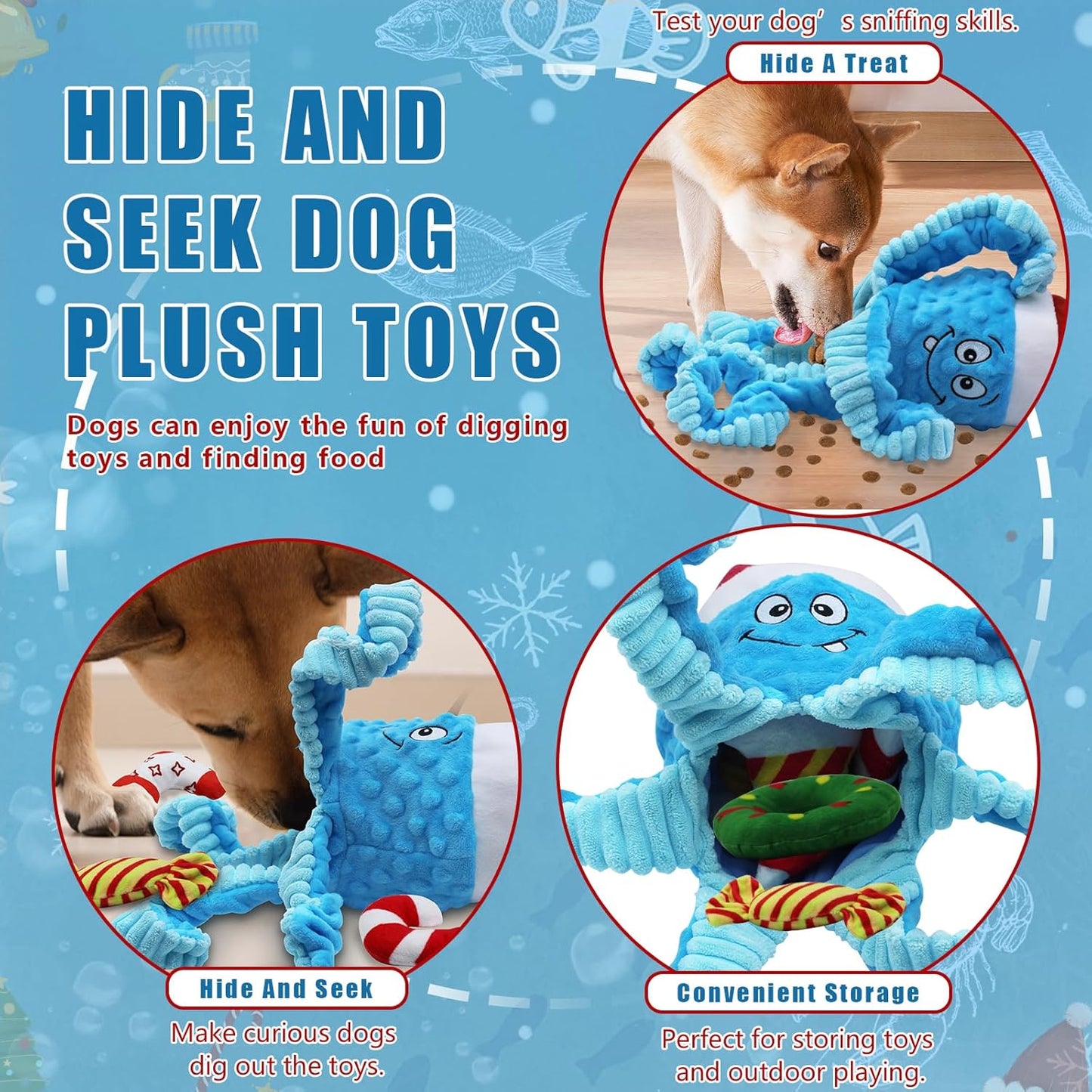 Squeaky Dog Toys, Christmas Octopus Dog Toy with 10 Pcs Small Dog Toy, Interactive Tug of War Dog Plush Toy, Crinkle Dog Toy Plush Dog Toys (Blue)