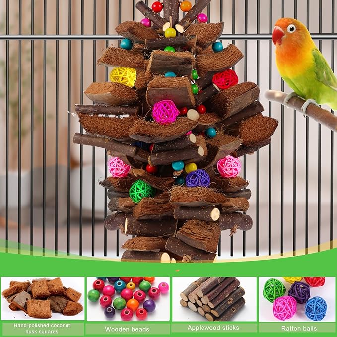 Kyouki Bird Toy for Parrots，Cockatiels, Budgies, Conures, Macaws, Lovebirds, Amazons and Other Small/Medium/Large Birds - Chewable & Shreddable Natural Coconut Husk Enrichment Toy (Large)