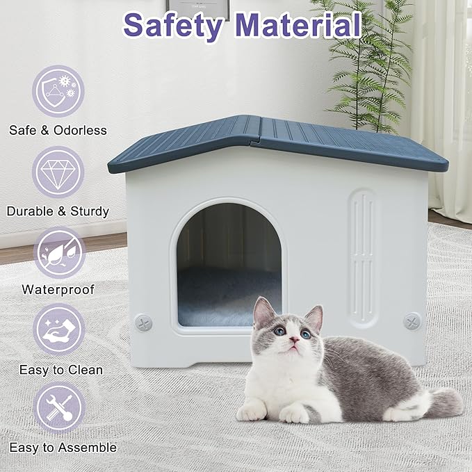 Plastic Cat House Weatherproof for Outdoor Indoor Use, Feral Cat House with Escape Door and Soft Mat, Outside Cat Shelter for Small Pet, Spacious, Assemble Easily - Grey