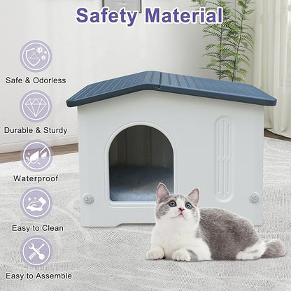 Plastic Cat House Weatherproof for Outdoor Indoor Use, Feral Cat House with Escape Door and Soft Mat, Outside Cat Shelter for Small Pet, Spacious, Assemble Easily - Grey