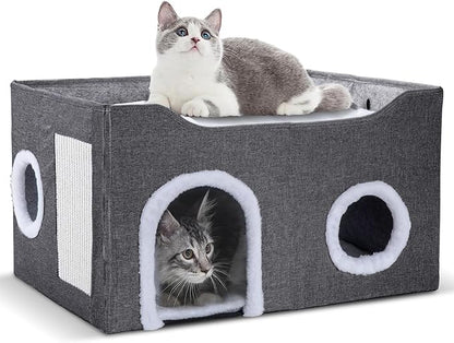 Cat House for Indoor Cats – Foldable Cat Cave & Covered Cat Bed, Cozy Hideaway for Small Pets and Large Cats (23.6"x16"x12.8"),Dark Grey