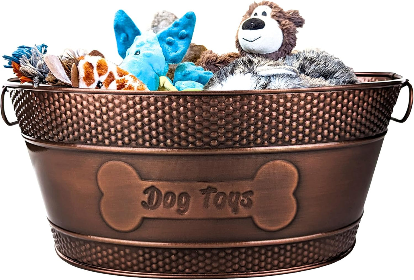 BREKX Indestructible Metal Dog Toy Bin - Copper Galvanized Storage Bin with Handles, Pet Storage Organizer - Ropes, Blankets, & Leashes, Bone Design Pet Toy Box (15-Quart)