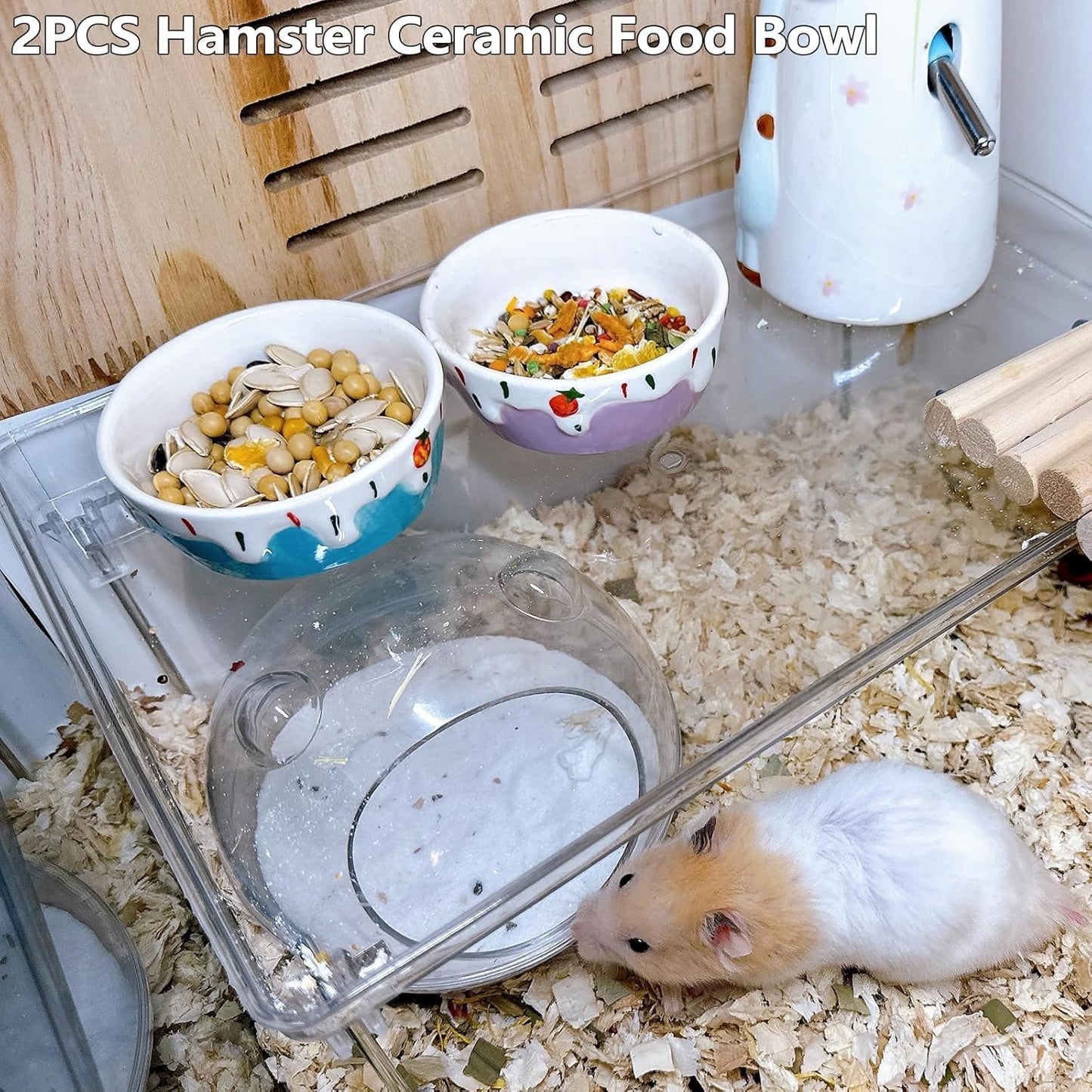 2 Pack Hamster Food Bowl Small Animals Ceramic Food Water Bowl Prevent Tipping Moving for Gerbil Chinchilla Hedgehog Rat (Color: Purple + Blue)