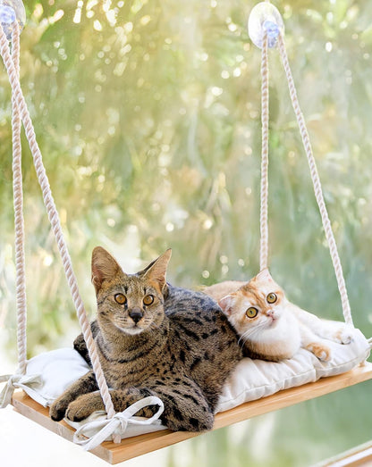 Cat Window Perch for Large Cats - Hammock Bed for Heavy Indoor Cats - Solid Wood Seat, 5 Strong Suction Cups, Soft Cushion - Rustic Shelf for Pets Inside