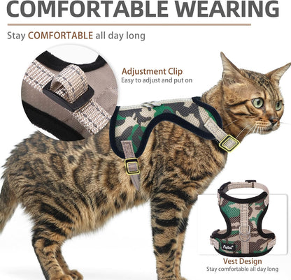 PUPTECK Cat Harness and Leash Set Escape Proof, Reflective Adjustable Soft Mesh Kitten Vest Harness for Walking Travel, Camouflage, M