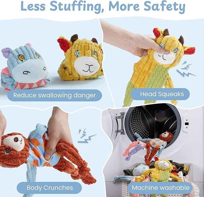 Nocciola Stuffless Squeaky Dog Toys 5 Pack, Body No Stuffing Small Dog Toy Variety Colors Animal Plush Puppy Toys with Squeaker Crinkle Sound to Keep Them Busy