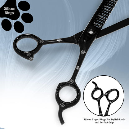 Professional Dog Grooming Chunker Shears/Scissors with Paw Prints for Dogs, Cats & Pets (Right Handed, Black, Stainless Steel 8 Inch)