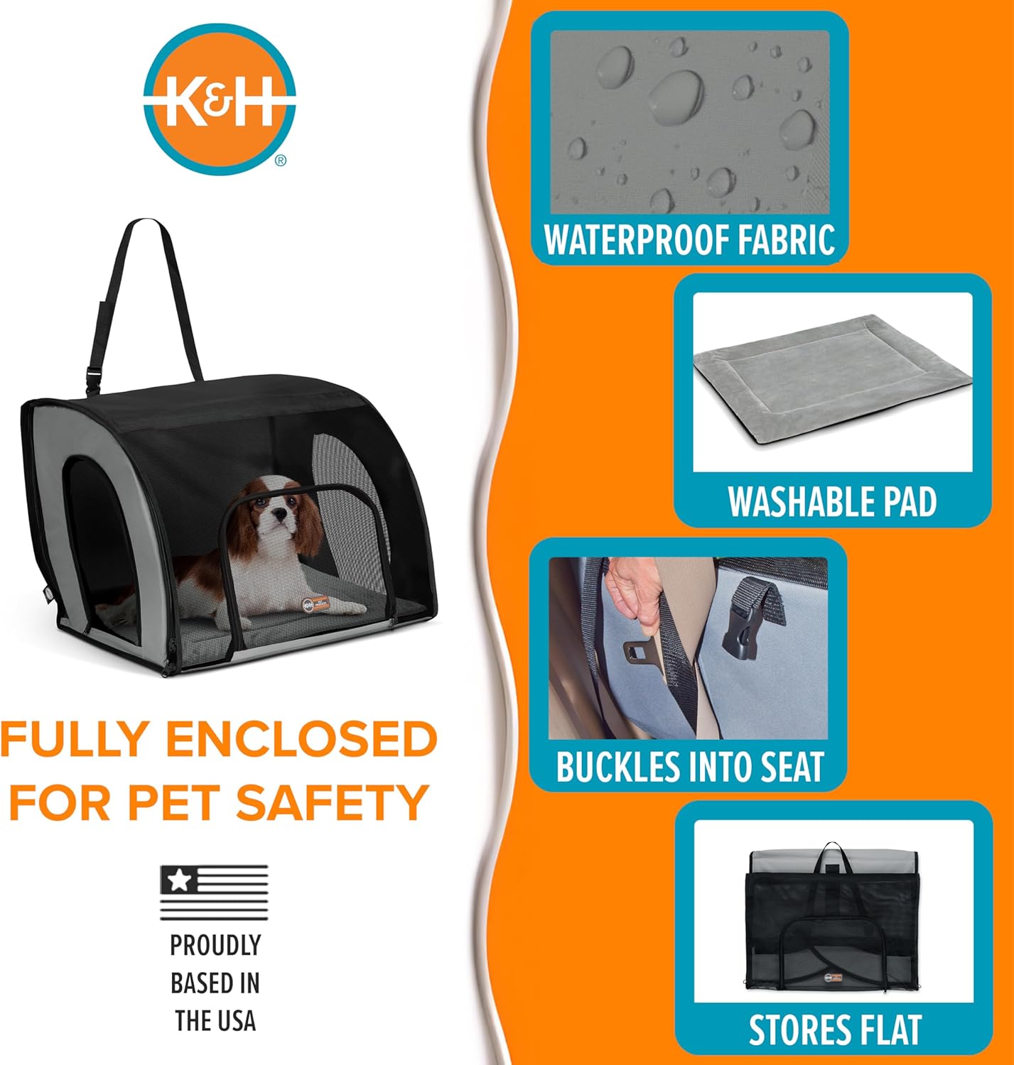 K&H Pet Products Enclosed Dog Car Seat, Travel Safety Carrier for Pets, Dog Travel Car Seat, Soft-Sided Covered Cat Carrier, Washable Pad, Multiple Entrances, Mesh Windows - Medium 24 X 19 X 17in