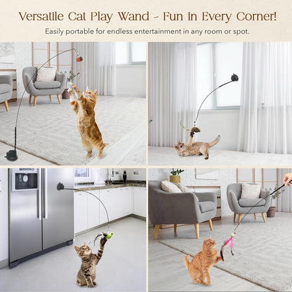 Interactive Suction Cup Cat Toy for Indoor Cat, Long Tail Feather Bird, Spring Wire Suctions to Ground, Hands Free Bird Simulation Cat Toy Wand Set that Sticks to Floor, Feathers & Bells
