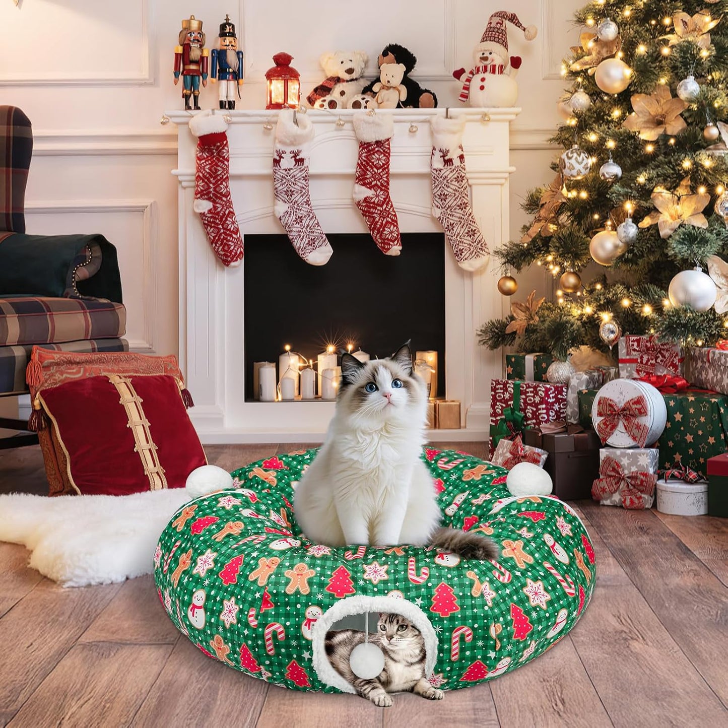 Cat Tunnel Christmas Tree Skirt Cat Tunnel Bed for Indoor Cats Play Donut Tunnel Toys S Shape for Rabbit Ferret (Green)