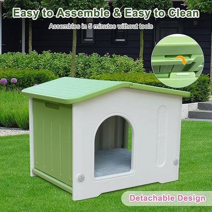 Weatherproof Cat House for Outdoor Indoor Use, Plastic Feral Cat House with Escape Door and Soft Mat, Outside Cat Shelter for Small Pet, Spacious, Assemble Easily - Green