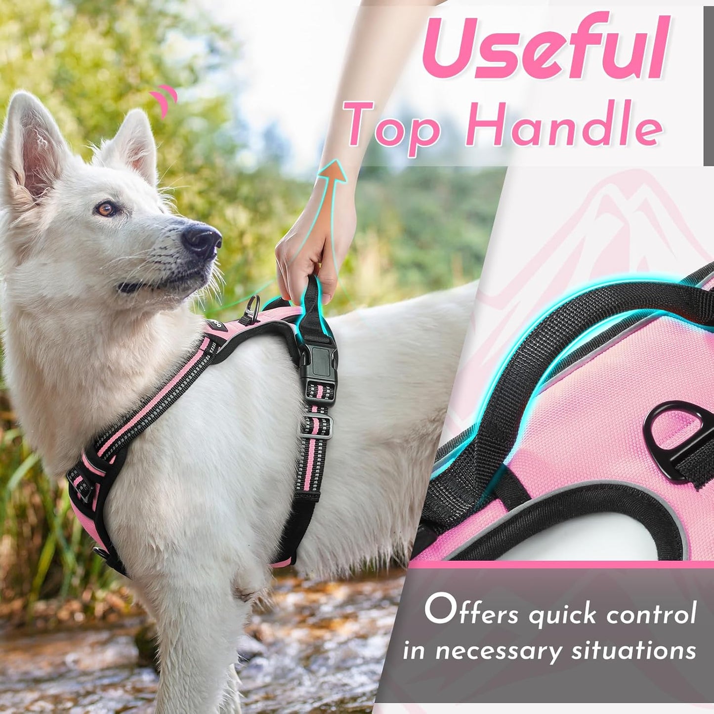 Eagloo Dog Harness for Large Dogs, No Pull Service Vest with Reflective Strips and Control Handle, Adjustable and Comfortable for Walking, No Choke Pet Harness with 2 Metal Rings, Pink, L