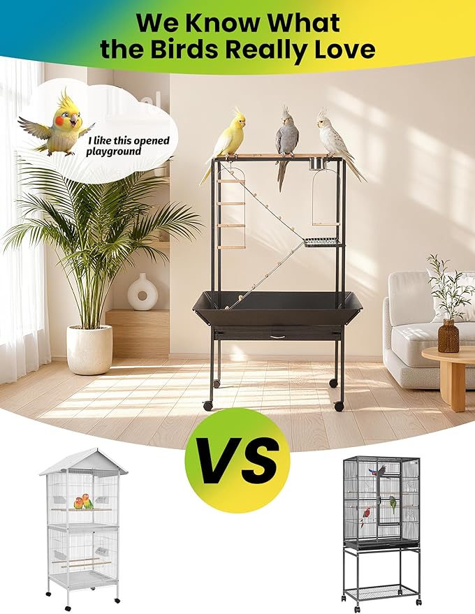 64'' H Inch Birdcage Stand Play Center with Perches and Ladders, Indoor Outdoor Playground for Birds, Bird Playstand w/Rotated Ring Removable Tray, Lockable Caster,Black, for Macaw and Parakeet