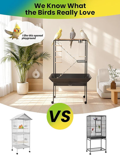 64'' H Inch Birdcage Stand Play Center with Perches and Ladders, Indoor Outdoor Playground for Birds, Bird Playstand w/Rotated Ring Removable Tray, Lockable Caster,Black, for Macaw and Parakeet