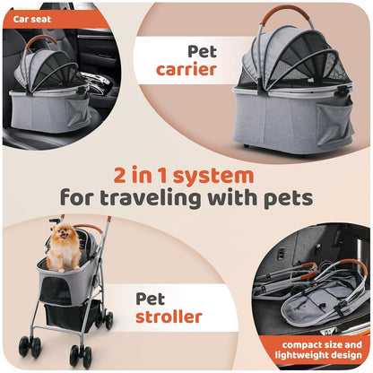 Pet Stroller for Small Medium Dogs & Cats – 2-in-1 Detachable Carrier, Zipperless Entry, Lightweight Folding Travel Stroller with Storage Basket, Cup Holder, Gray