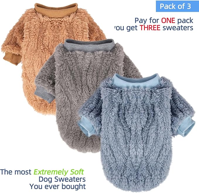 FabriCastle Small Dog Sweaters, 3-Pack Dog & Cat Clothes, Ultra Soft and Warm Pet Jackets for Small Dogs Boy & Girl, Winter Pet Apparel Costumes, Puppy Outfits (Blue,Grey,Doe, X-Large)