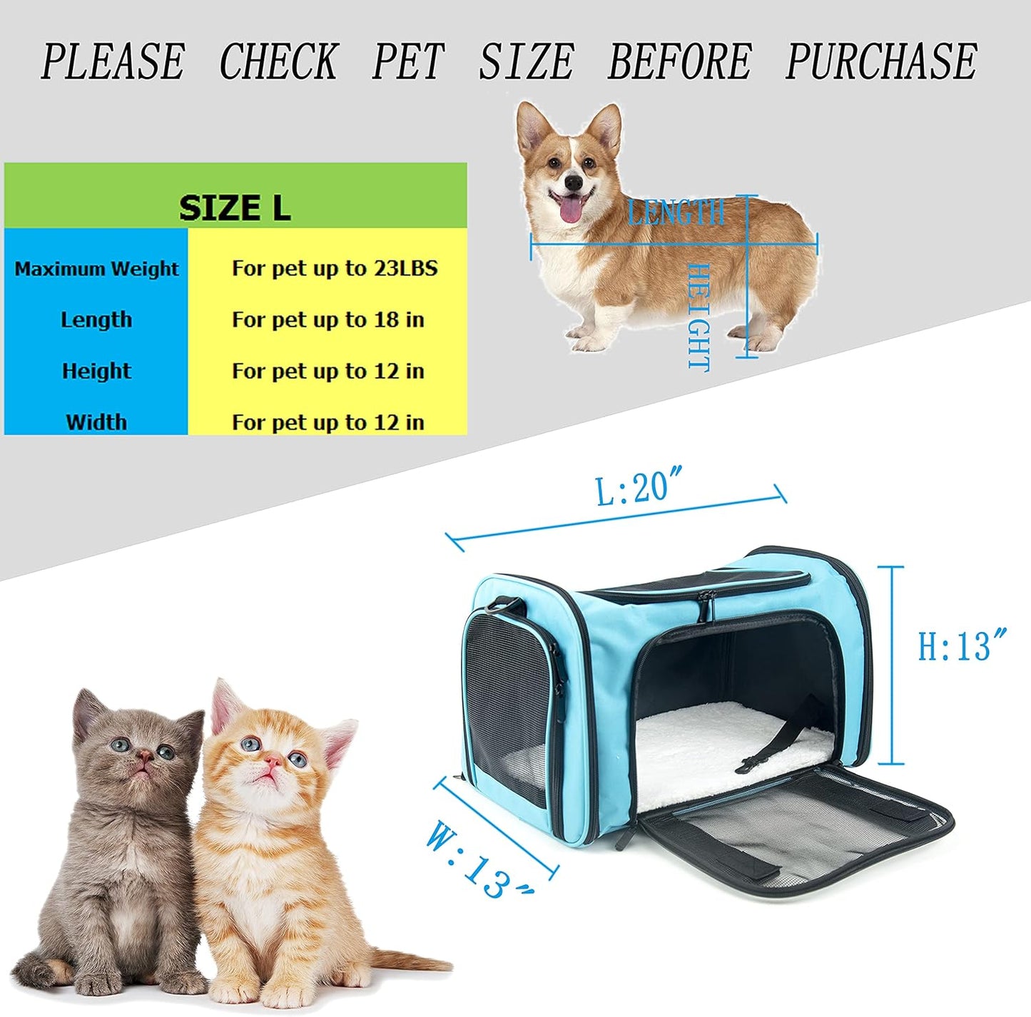Soft Sided Carrier for Small Medium Cats Dogs,Removable Pad Collapsible Travel Pet Carrier Large Blue