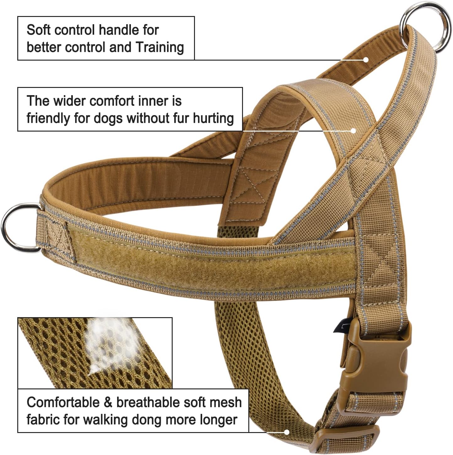No Pull Dog Harness Brown for Small Medium Large Sized Dogs, Reflective Escape Proof Adjustable Dog Harnesses with 2 Patch, XL