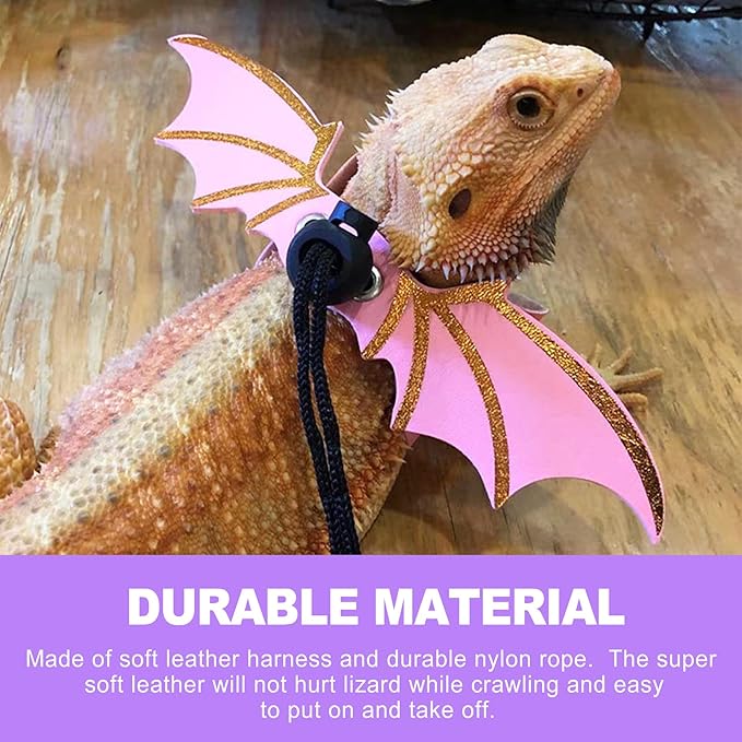 3 Sizes Adjustable Soft Leather & Nylon Bearded Dragon Harness and Leash Set Reptile Lizard Leashes for Outdoor Walking-Pink