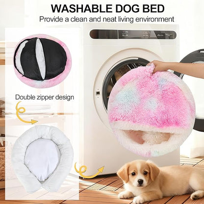 Calming Dog Beds & Cat Cave Bed with Hooded Cover,Removable Washable Round Beds for Small Medium Pets,Anti-Slip Faux Fur Fluffy Coved Bed for Improved Sleep,Fits up to 15/25 lbs(Colorful,M)