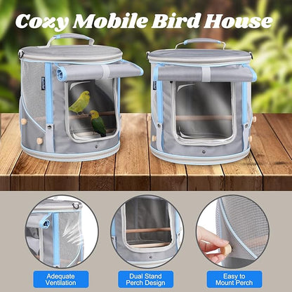 Bird Travel Carrier Cage for Small to Medium Size, Portable Parrot Parakeet Cockatile Conure Transport Cage with Clear Window and Fabric Shade, Round Carry Bird Bag