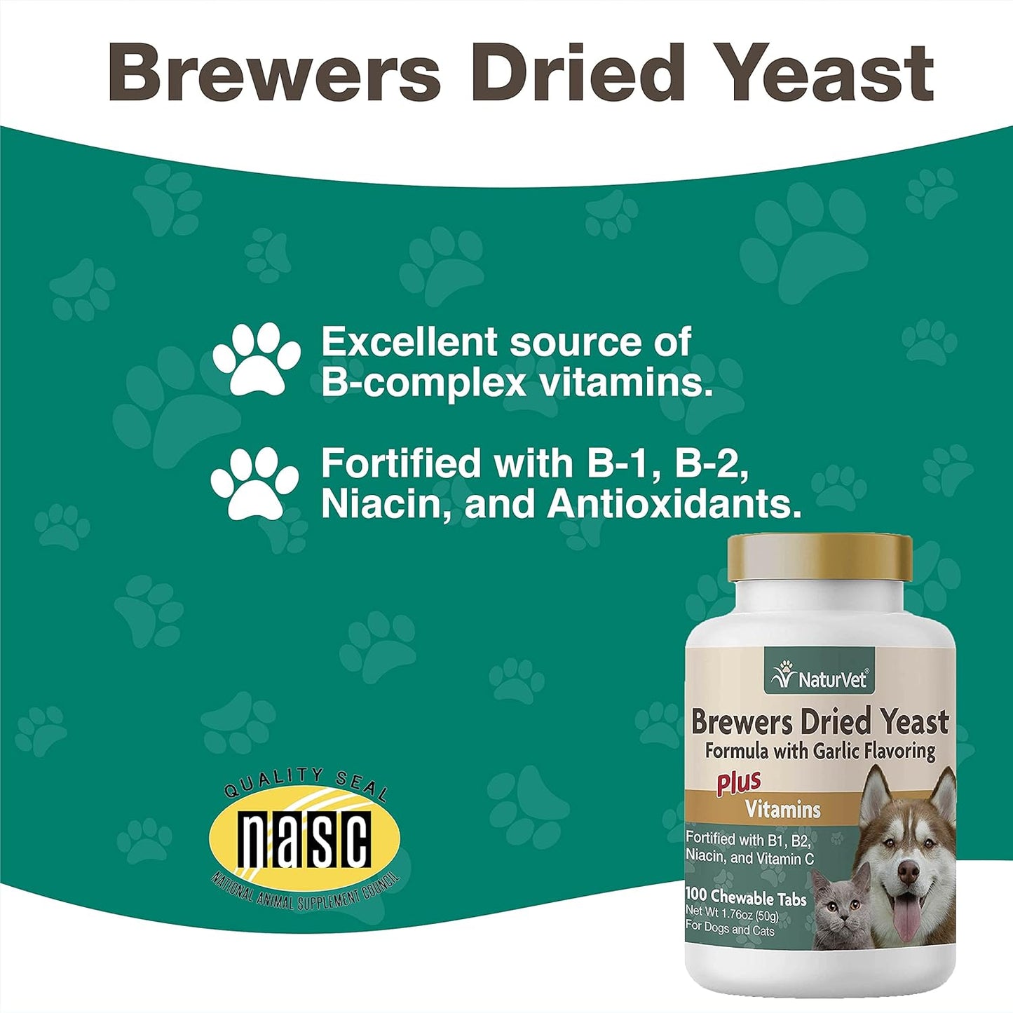 NaturVet Brewers Dried Yeast Formula with Garlic Flavoring Plus Vitamins for Dogs and Cats, Chewable Tablets, Made in The USA with Globally Source Ingredients 100 Count