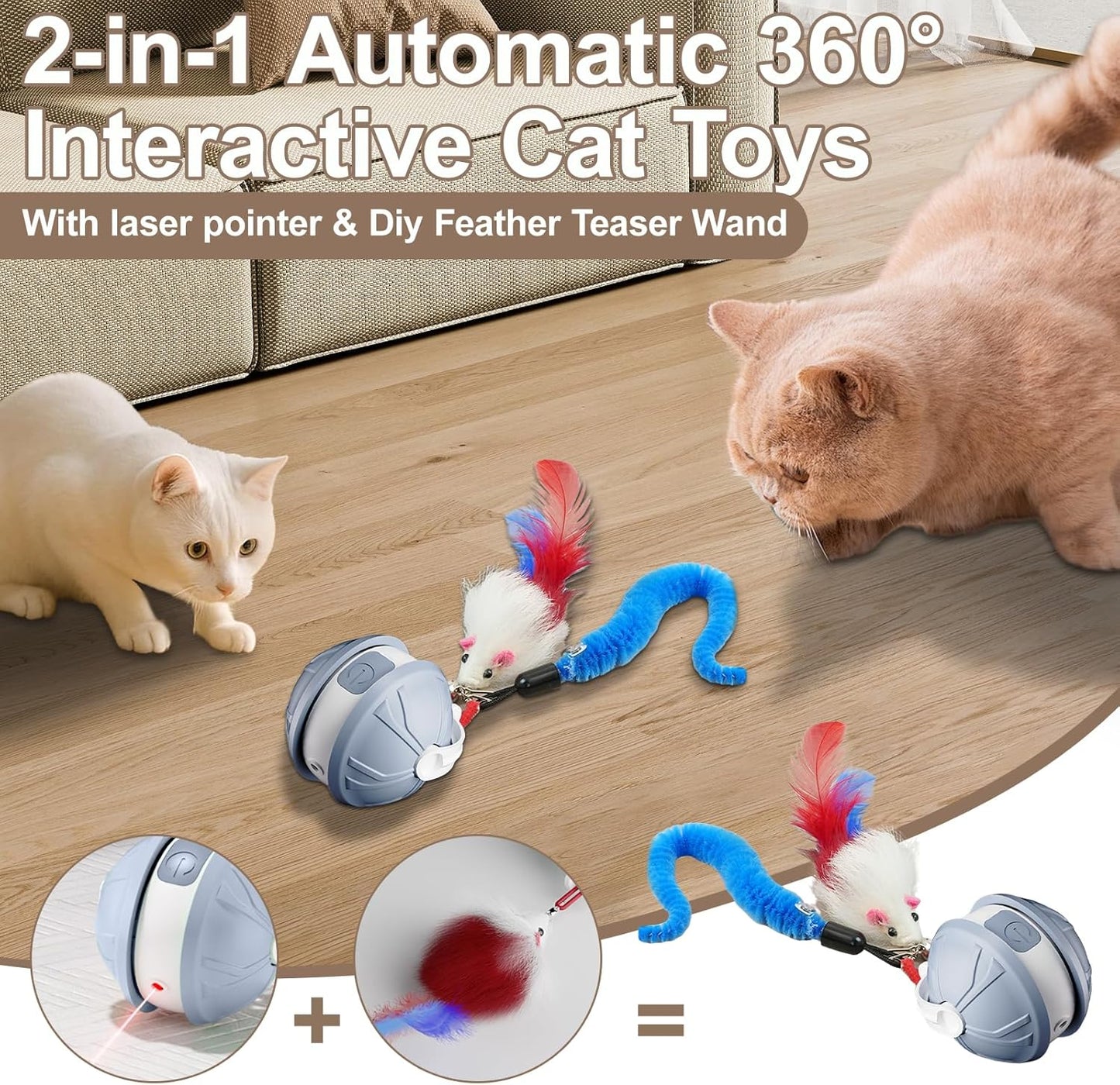 Interactive Cat Toy Ball - 2-in-1 Indoor Cat Toy with Feather Attachment and Laser Interactive Cats Balls, Moving Electric Rolling Ball Toys Designed for Bored Kittens and Adult Cats