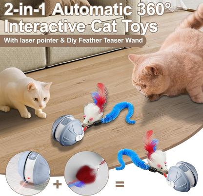 Interactive Cat Toy Ball - 2-in-1 Indoor Cat Toy with Feather Attachment and Laser Interactive Cats Balls, Moving Electric Rolling Ball Toys Designed for Bored Kittens and Adult Cats