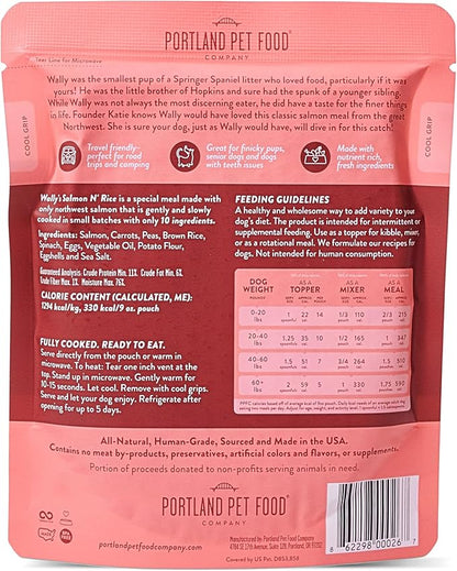 Portland Pet Food Company Wally's Salmon N' Rice Fresh Dog Food Pouches - Human-Grade, Gluten-Free Wet Pet Meal Topper & Mixers - Small & Large Breed Puppy & Senior Dogs - Made in The USA - 5 Pack