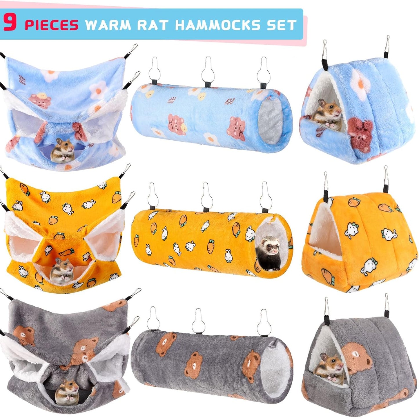 Abbylike 9 Pieces Rat Hammock 3 Tier Guinea Pig Ferret Hammocks Small Pet Hanging Tunnel Glider Toy Guinea Pig Ferret Hideout Bed Cage Accessories for Hamster(Yellow, Grey, Blue,Bear)