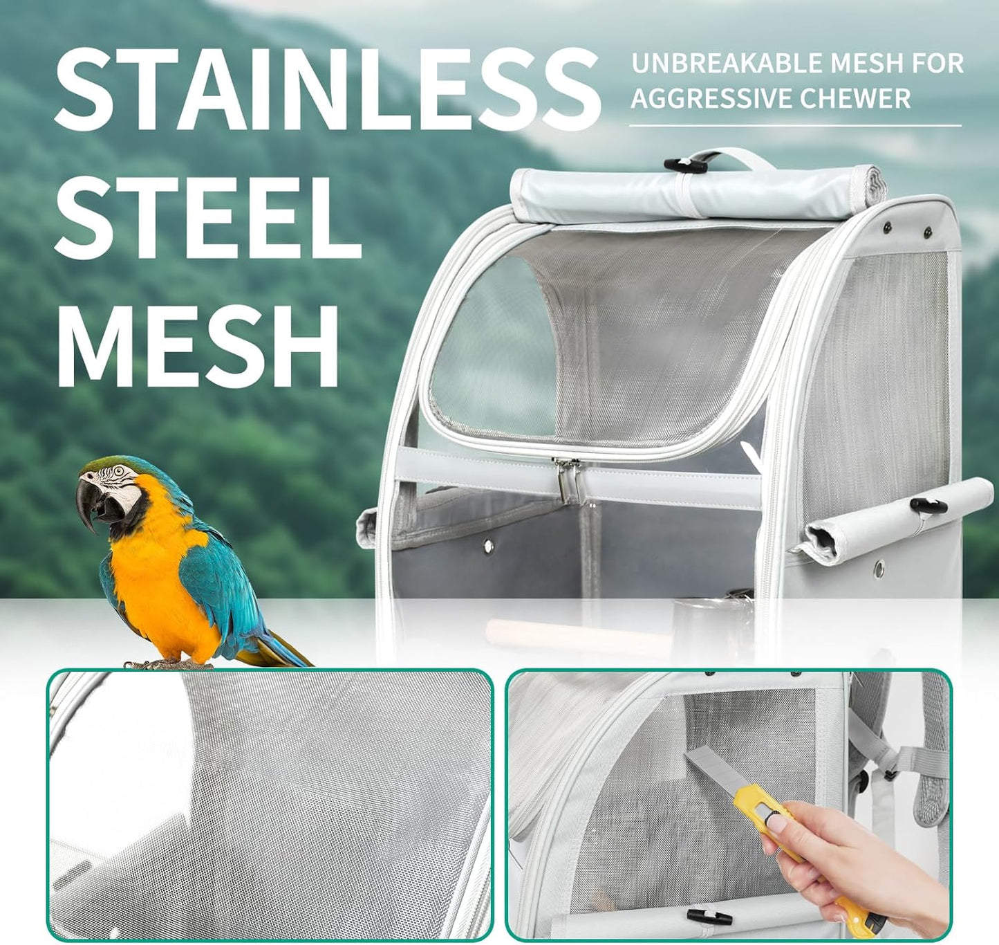 Bird Carrier Bag, Bird Travel Cage with Standing Perch and Indestructible Stainless Steel Mesh, Protable Transparent Breathable Carrier with Feeder Cups for Small Birds Parrot Parakeet, Grey