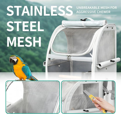 Bird Carrier Bag, Bird Travel Cage with Standing Perch and Indestructible Stainless Steel Mesh, Protable Transparent Breathable Carrier with Feeder Cups for Small Birds Parrot Parakeet, Grey