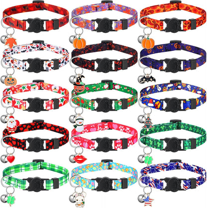 Talltalk 15 Pcs Holiday Cat Collars Thanksgiving Christmas Adjustable Breakaway Cat Collars Bundle with Plastic Buckle for Fall Seasonal Holiday Pet Kitten
