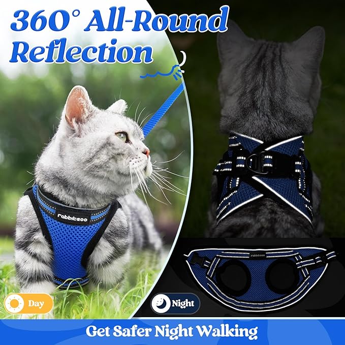 rabbitgoo Cat Harness and Leash Set for Walking Escape Proof, Adjustable Soft Kittens Vest with Reflective Strip for Cats, Comfortable Outdoor Vest, Blue, S