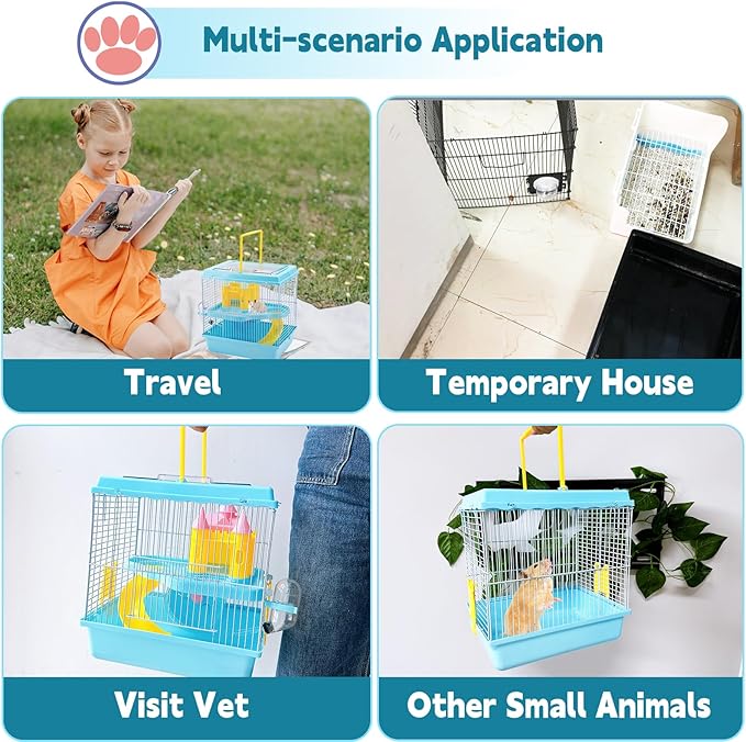 Tfwadmx Hamster Carrier, Dwarf Hamster Travel Cage, Portable Cages with Water Bottle, Gerbil Travel Carry Case Outdoor Vacation House for Small Mice(Blue,10.6”x8”x11.4”)