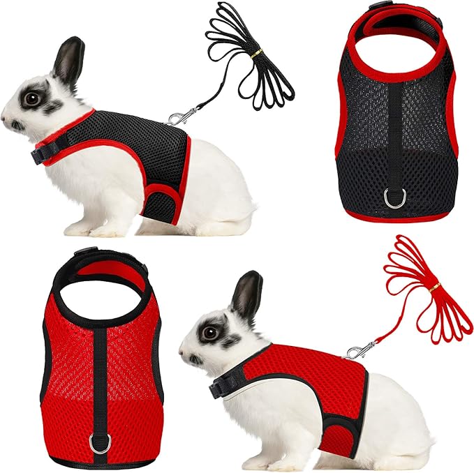 2 Pieces Bunny Rabbit Harness with Leash Cute Adjustable Buckle Breathable Mesh Vest for Kitten Puppy Guinea Pig Small Pets Walking (Black, Red, L)