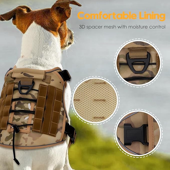 Heavy-Duty Tactical Dog Harness for Large Dogs, No Pull Adjustable Reflective Pet Vest with Molle System, K9 Military-Grade Control for Service Training, Outdoor & 10+ Breeds, Desert Camo, Large