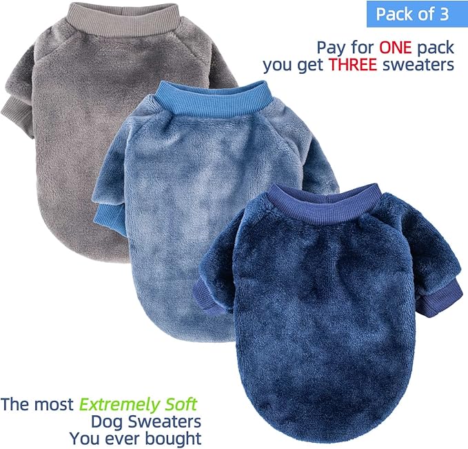 FabriCastle Dog Sweater, 3-Pack Dog & Cat Clothes, Ultra Soft and Warm Pet Jackets XXS XS for Small Dogs Boy & Cats, Winter Pet Apparel Costumes, Puppy Outfits (Grey,Blue,Dark Blue, X-Small)