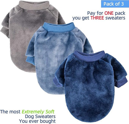FabriCastle Dog Sweater, 3-Pack Dog & Cat Clothes, Ultra Soft and Warm Pet Jackets XXS XS for Small Dogs Boy & Cats, Winter Pet Apparel Costumes, Puppy Outfits (Grey,Blue,Dark Blue, X-Small)