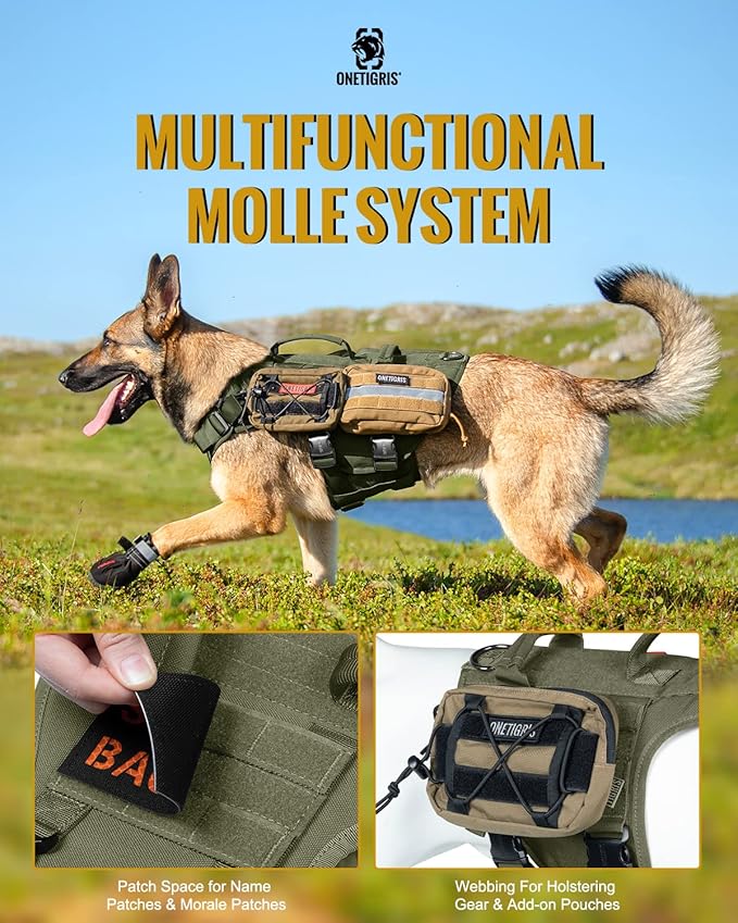 OneTigris Tactical Large Dog Harness, 5X Metal Buckled No Pull Service Dog Harness Vest with Hook & Loop Panels, Military Heavy Duty Dog Vest for Walking Hiking Training