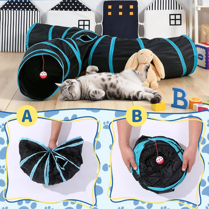 Pet Cat Tunnel, Angled 3-Way Junction Tunnels for Indoor Cats, Collapsible Pet Tunnel for Kitten, Puppy, Rabbit, 25cm-Wide Tunnels, Durable & Breathable, with Peek Hole Toy Ball