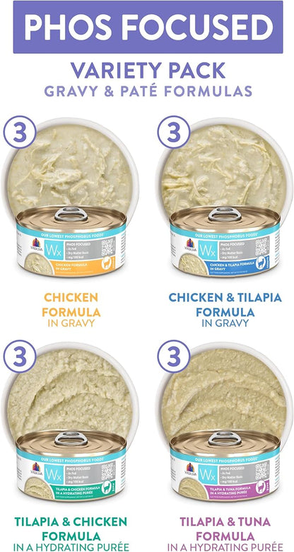 Weruva Wx Phos Focused Gravy and Pate Formulas 5.5oz Can Variety Pack, Pack of 12