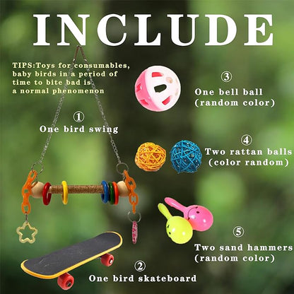 7 Pcs Parrot Bird Swing and perches for cage with Chew Toys Set- Pet Supplies Colorful Wooden Toys with Acrylic Décor Swing Hanging Birdcage Stands Playground for Lovebirds Conures Budgies.