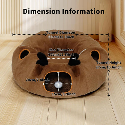 Cat Tunnel Bed for Indoor Cats with Washable Cushion Cat Cave Donut Tunnel with Fluffy Ball Big Round Tube Pet Playground Toys Soft Plush Peekaboo for Kitten, Cat, Puppy, Rabbit, Ferret（Deer）