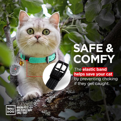 Leather Cat Collar with Bell and Safety Elastic Strap Breakaway Alternative for Small & Large Kittens, Stylish Pet Leather Collar for Boy, Girl Cats with Metal Buckle & QR ID Tag (Mint)