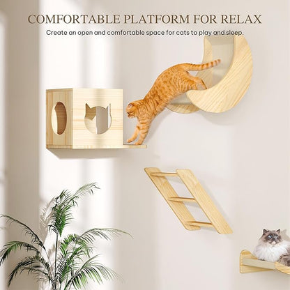 Cat Wall Shelves and Perches, Solid Wood Wall Mounted Cat Furniture, Set of 13 Cat Climbing Shelves with Moon Hammock, House, Wall Ladder, Scratching Post and Cat Tunnel