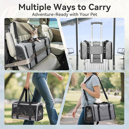 PETSFIT Cat Car Carrier for Small/Medium Cats Dogs, 18"x11"x11" Airline Approved Cat Carrier, with Patent Safety Buckles and Escape-Proof Zipper - Safeguarding Car Travel, Airplane, Vet, Outdoor
